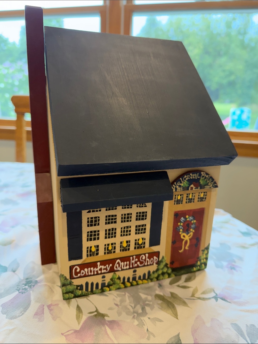 Hand-Painted Country Quilt Shop wooden box/ mailbox- Navy & Cream